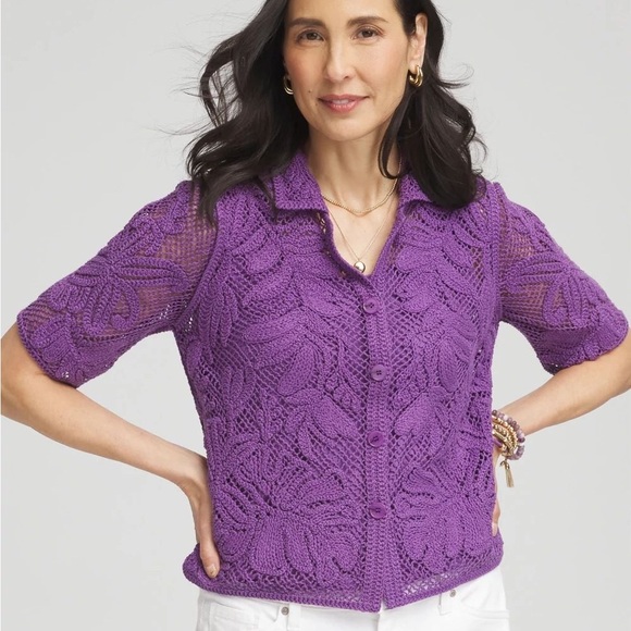 Chico's Sweaters - Chicos New Womens M Purple Cotton Blend Palm Frond Crochet Lace Shacket Cardigan